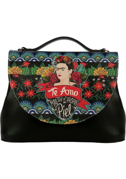 Kadın Vegan Deri Siyah El Çantası - Te Amo Frida Kahlo Tasarım