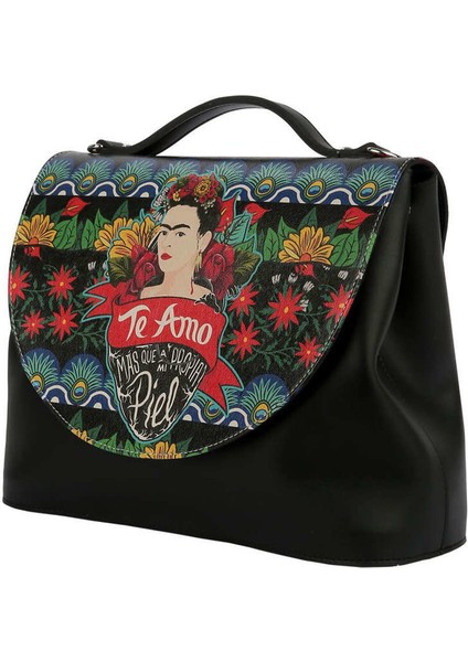 Kadın Vegan Deri Siyah El Çantası - Te Amo Frida Kahlo Tasarım fiyatları