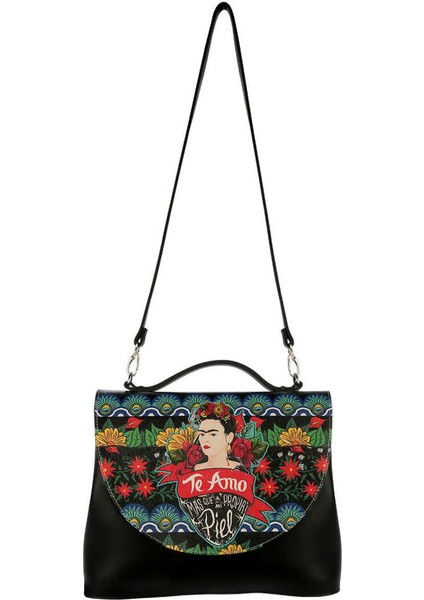 Kadın Vegan Deri Siyah El Çantası - Te Amo Frida Kahlo Tasarım fırsatları