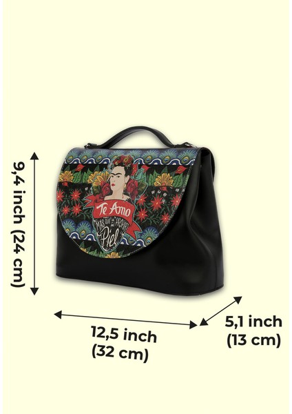 Kadın Vegan Deri Siyah El Çantası - Te Amo Frida Kahlo Tasarım