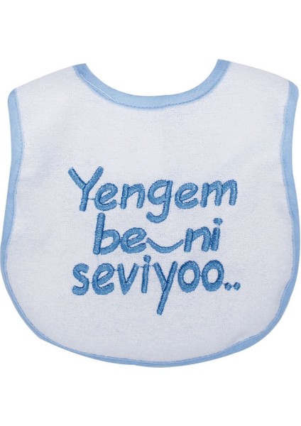 Erkek Bebek Yengem Beni Çok Seviyooo Nakışlı Mavi Su Geçirmez Önlük