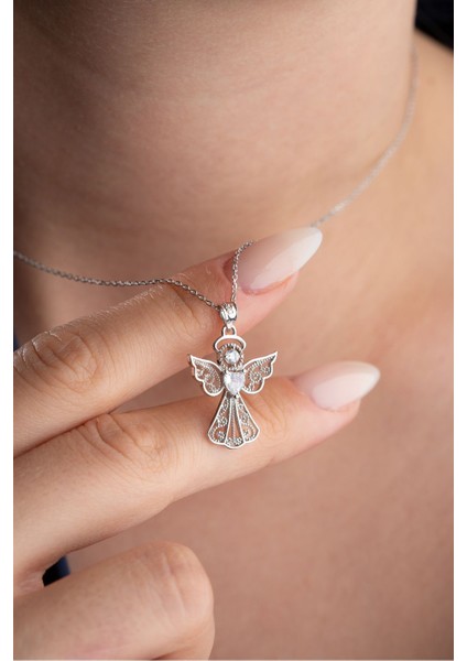 925 Ayar Gümüş Kalp Tektaş Melek Kolye