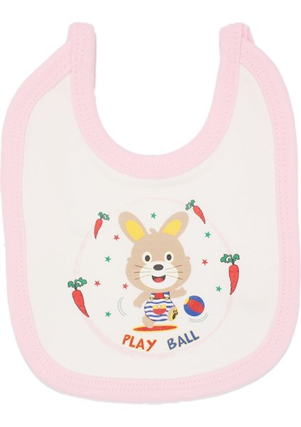 Kız Bebek Ekru Pembe Biyeli Tavşanlı Havuçlu Desenli Penye Önlük