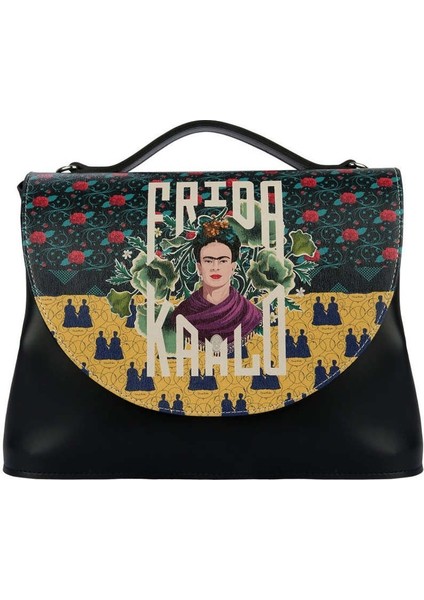 Kadın Vegan Deri Siyah El Çantası - Frida’s World Frida Kahlo Tasarım