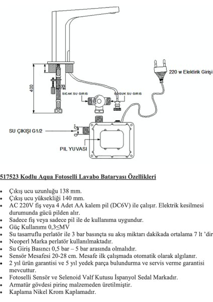 Aqua Fotoselli Lavabo Bataryası 517523