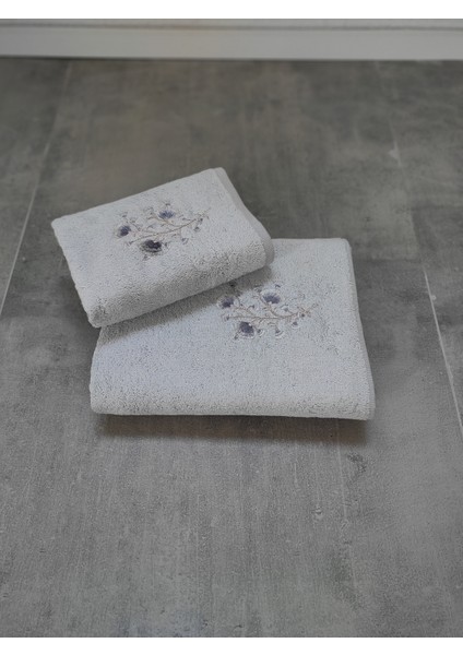 2'li Bambu Banyo Havlu Seti - Çiçek Nakışlı Havlu Takımı - Lüks Banyo Seti - Tivoli Lisette -Gri
