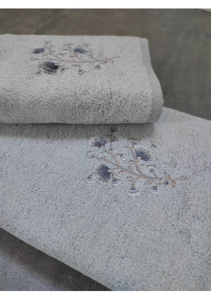 2'li Bambu Banyo Havlu Seti - Çiçek Nakışlı Havlu Takımı - Lüks Banyo Seti - Tivoli Lisette -Gri fiyatları