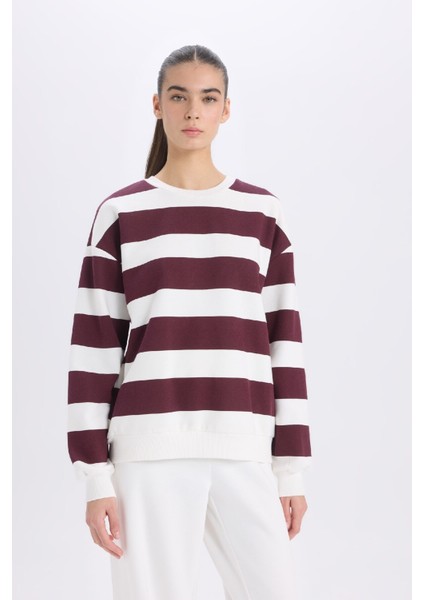 Relax Fit Bisiklet Yaka Çizgili Kalın Sweatshirt A1883AX24AU