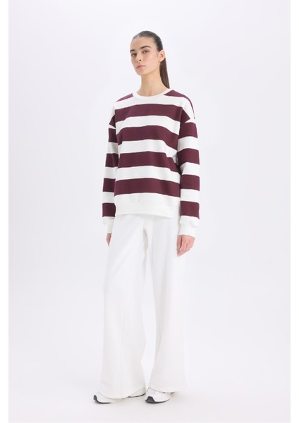 Relax Fit Bisiklet Yaka Çizgili Kalın Sweatshirt A1883AX24AU