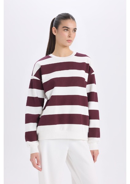 Relax Fit Bisiklet Yaka Çizgili Kalın Sweatshirt A1883AX24AU