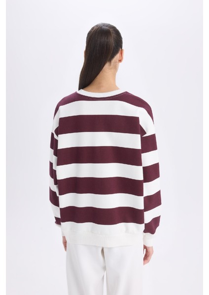 Relax Fit Bisiklet Yaka Çizgili Kalın Sweatshirt A1883AX24AU