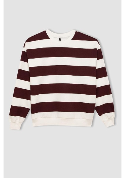 Relax Fit Bisiklet Yaka Çizgili Kalın Sweatshirt A1883AX24AU