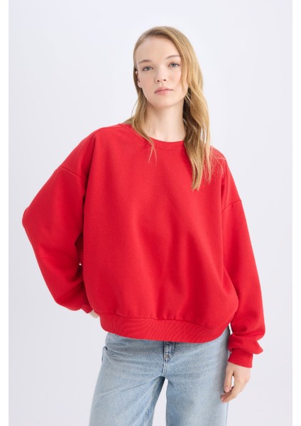 Coool Oversize Geniş Kalıp Bisiklet Yaka Kalın Basic Düz Sweatshirt A4177AX24WN