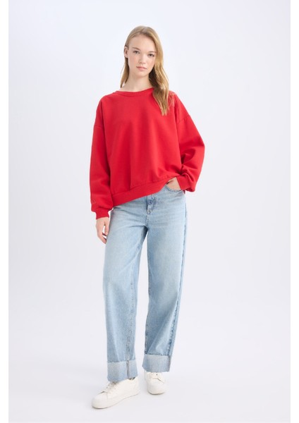 Coool Oversize Geniş Kalıp Bisiklet Yaka Kalın Basic Düz Sweatshirt A4177AX24WN