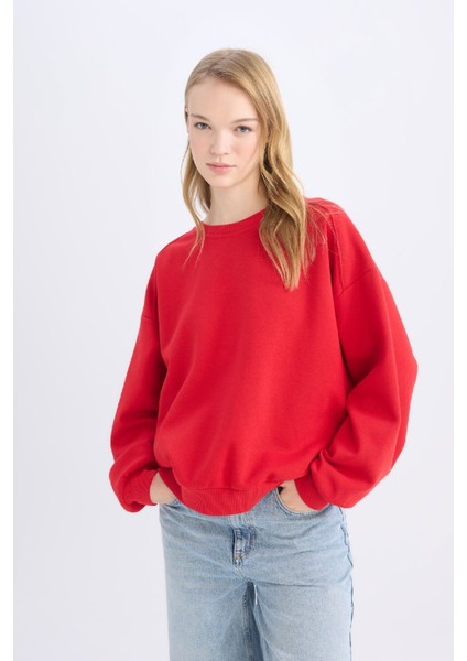 Coool Oversize Geniş Kalıp Bisiklet Yaka Kalın Basic Düz Sweatshirt A4177AX24WN