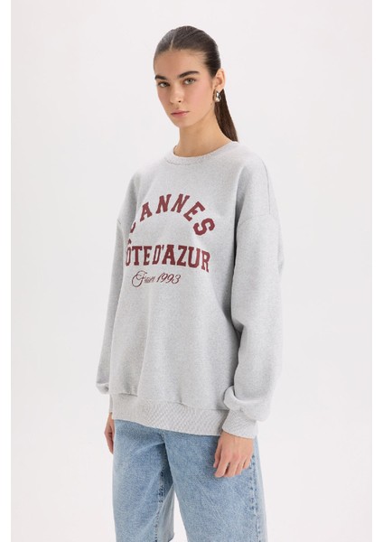 Oversize Geniş Kalıp Bisiklet Yaka Baskılı Kalın Sweatshirt D9803AX24WN