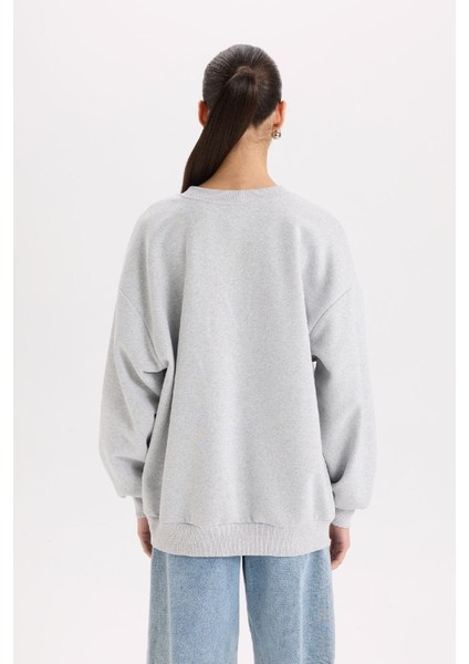 Oversize Geniş Kalıp Bisiklet Yaka Baskılı Kalın Sweatshirt D9803AX24WN