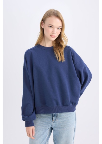 Coool Oversize Geniş Kalıp Bisiklet Yaka Kalın Basic Düz Sweatshirt A4177AX24WN