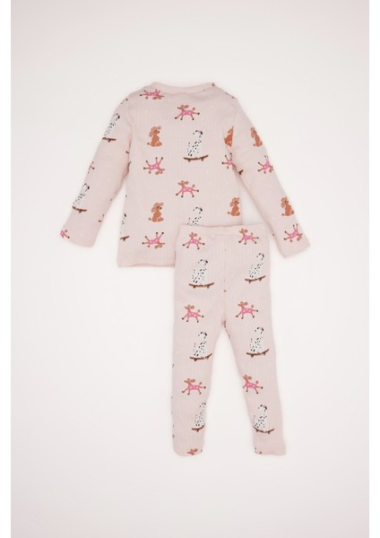 Kız Bebek Pijama Takımı Desenli Uzun Kollu Fitilli Kaşkorse Üst Uzun Alt D5374A524WN