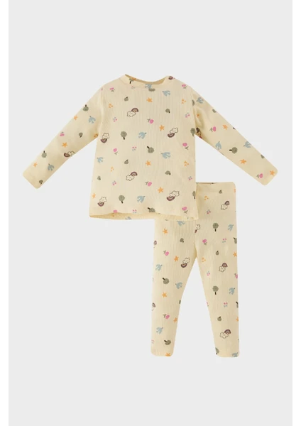 Kız Bebek Pijama Takımı Desenli Bisiklet Yaka Uzun Kollu Fitilli Kaşkorse Üst Uzun Alt D5376A524WN