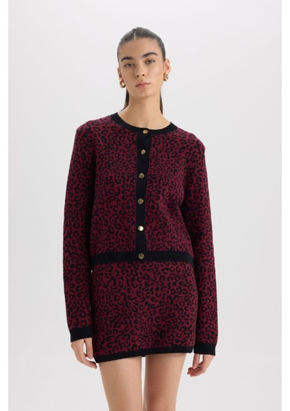 Regular Fit Bisiklet Yaka Leopar Desenli Düğmeli Triko Hırka D8510AX24WN