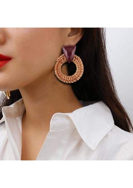 Rattan Ahşap Vintage Yapımı Dangle Küpe (Wine Red) (Yurt Dışından)