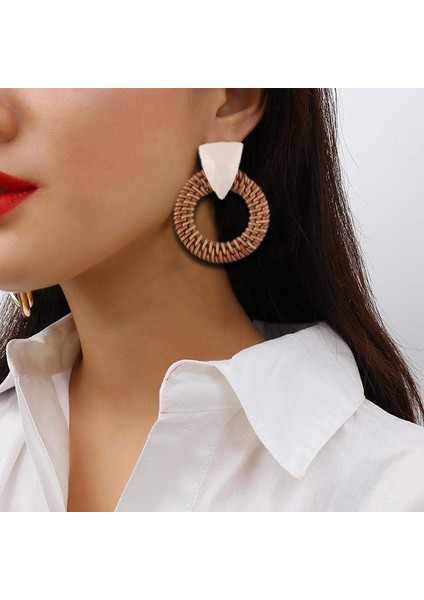 Rattan Ahşap Vintage Yapımı Dangle Küpe (White) (Yurt Dışından)