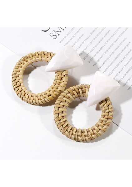 Rattan Ahşap Vintage Yapımı Dangle Küpe (White) (Yurt Dışından)