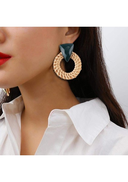 Rattan Ahşap Vintage Yapımı Dangle Küpe (Green) (Yurt Dışından)