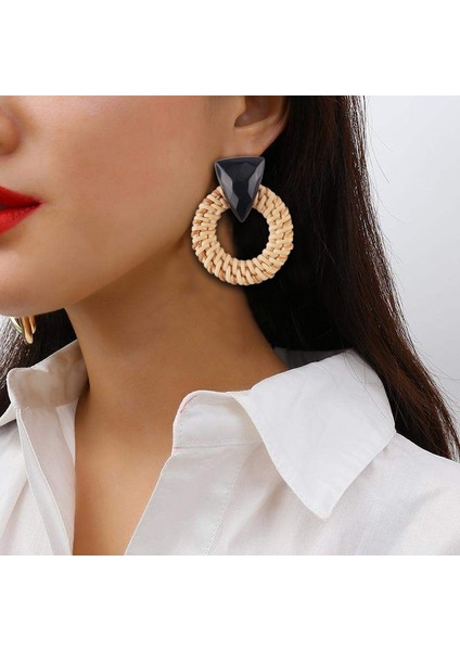 Rattan Ahşap Vintage Yapımı Dangle Küpe (Black) (Yurt Dışından)