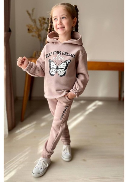 Kız Çocuk Bilekleri ve Paçası Lastikli Kelebek ve Yazı Figürlü Gül Kurusu Eşofman Takım