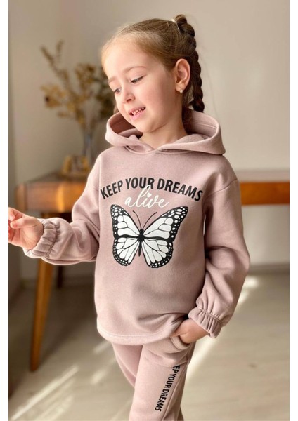 Kız Çocuk Bilekleri ve Paçası Lastikli Kelebek ve Yazı Figürlü Gül Kurusu Eşofman Takım fiyatları