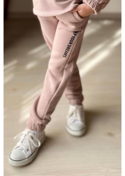 Kız Çocuk Bilekleri ve Paçası Lastikli Kelebek ve Yazı Figürlü Gül Kurusu Eşofman Takım modelleri