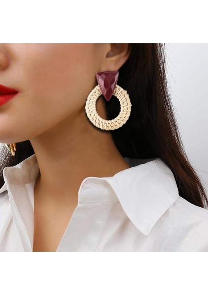 Rattan Ahşap Vintage Yapımı Dangle Küpe (Wine Red 2) (Yurt Dışından)
