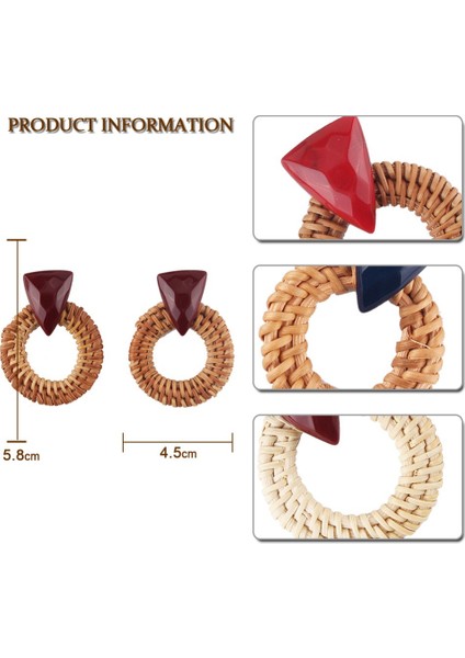 Rattan Ahşap Vintage Yapımı Dangle Küpe (Wine Red 2) (Yurt Dışından)