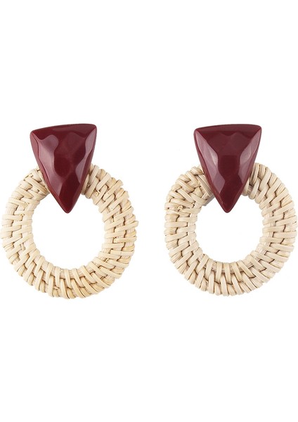 Rattan Ahşap Vintage Yapımı Dangle Küpe (Wine Red 2) (Yurt Dışından)