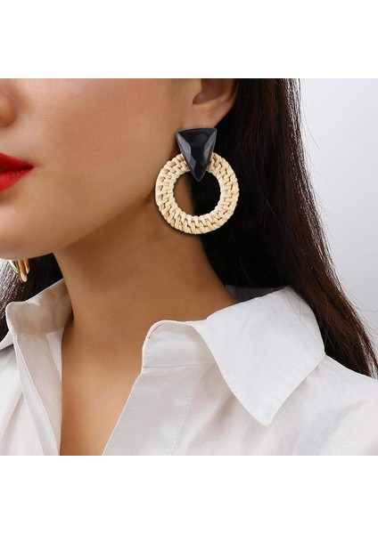 Rattan Ahşap Vintage Yapımı Dangle Küpe (Blue 2) (Yurt Dışından)