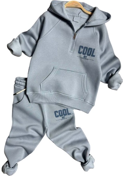Erkek Çocuk Cool Boy Baskılı Fermuarlı Yaka Cepli Sweatshirt Buz Mavisi Eşofman Takım