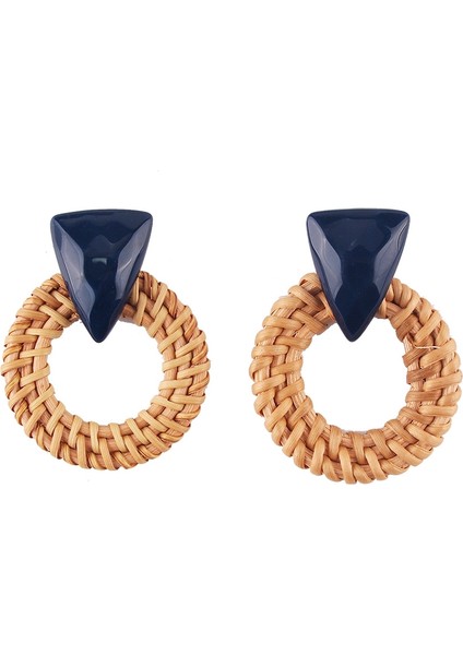 Rattan Ahşap Vintage Yapımı Dangle Küpe (Blue) (Yurt Dışından)