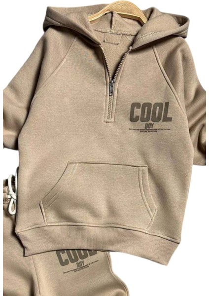 Erkek Çocuk Cool Boy Baskılı Fermuarlı Yaka Cepli Sweatshirt Bej Eşofman Takım fiyatları