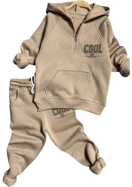 Erkek Çocuk Cool Boy Baskılı Fermuarlı Yaka Cepli Sweatshirt Bej Eşofman Takım