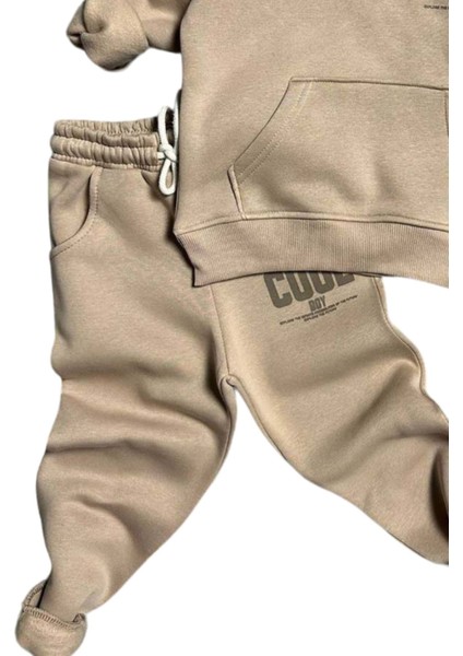 Erkek Çocuk Cool Boy Baskılı Fermuarlı Yaka Cepli Sweatshirt Bej Eşofman Takım modelleri