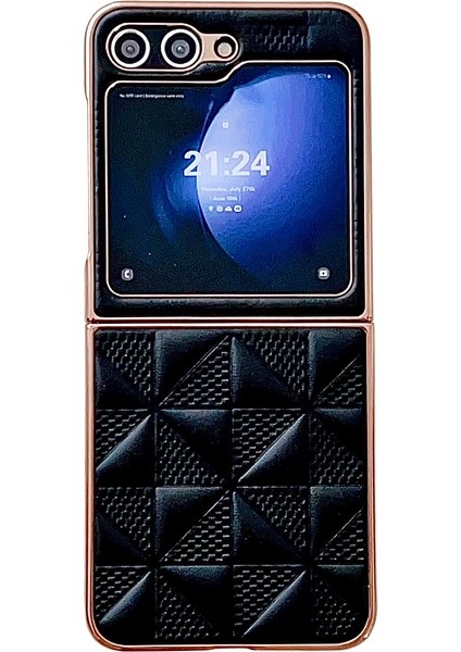 Samsung Galaxy Z Flip6 5g Elektro Kaplama Çerçeve Deri + Pc Izgara Doku Telefon Kapağı (Yurt Dışından)