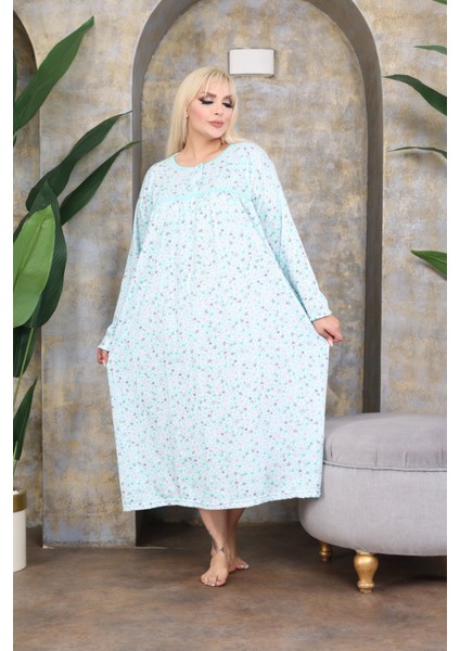 Büyük Beden Kışlık Şardonlu Pamuklu Anne Gecelik (120 Kiloya Kadar Uygundur)