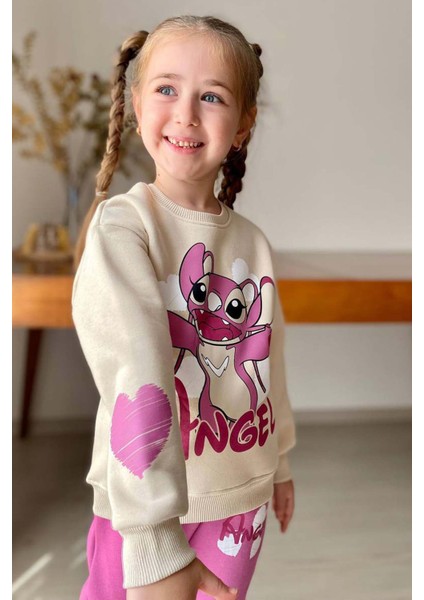 Kız Çocuk Stitch Karakter ve Angel Yazı Baskılı Pembe Eşofman Takım fiyatları