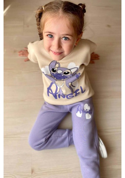 Kız Çocuk Stitch Karakter ve Angel Yazı Baskılı Lila Eşofman Takım