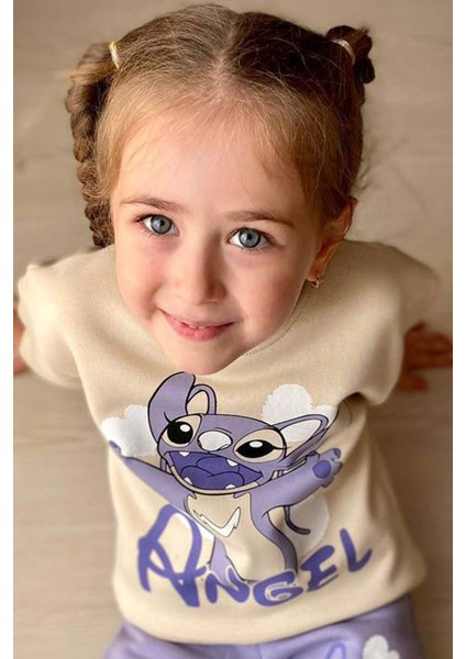 Kız Çocuk Stitch Karakter ve Angel Yazı Baskılı Lila Eşofman Takım fırsatları