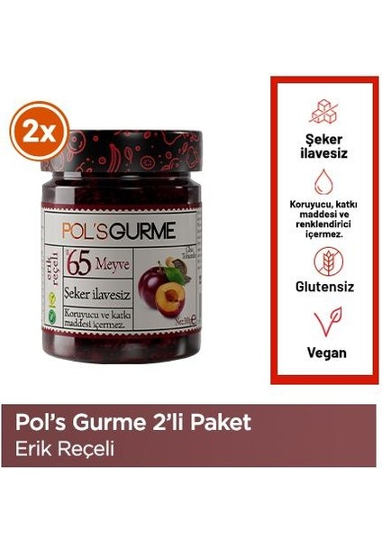 Pol'sGurme Erik Reçeli, Chia Tohumlu, %65 Meyve Oranlı Şeker İlavesiz 380 gr x2 Adet