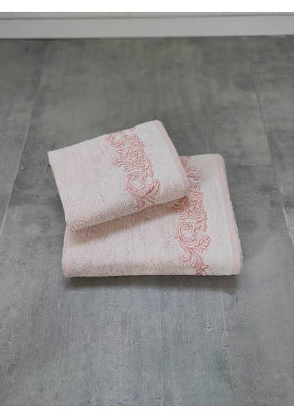 2'li Lüks Banyo Havlu Seti - Çiçekli & Yumuşak & Yüksek Su Emici Havlu - Tivoli Cloé - Pudra