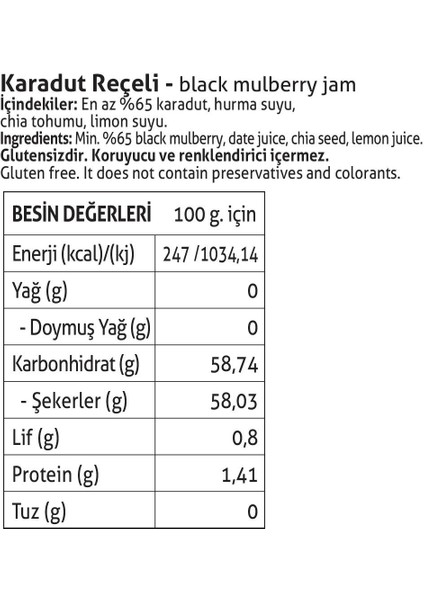 Pol'sGurme Karadut Reçeli Chia Tohumlu Şeker İlavesiz %65 Meyve Oranlı 380 gr